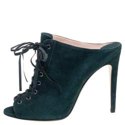 Miu Miu Green Suede Peep Toe Lace Up Mules Size 37.5