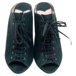 Miu Miu Green Suede Peep Toe Lace Up Mules Size 37.5