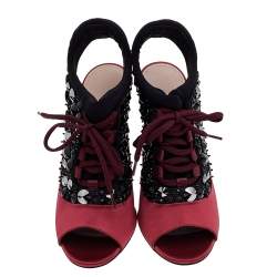 Miu Miu Red-Black Satin And Fabric Crystal Embellished Ankle Sandals Size 38