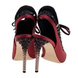 Miu Miu Red-Black Satin And Fabric Crystal Embellished Ankle Sandals Size 38