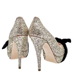 Miu Miu Metallic Gold Glitter Leather And Velvet Bow Peep Toe Pumps Size 38