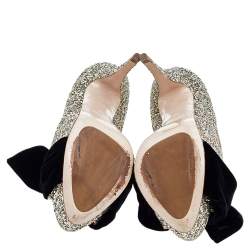 Miu Miu Metallic Gold Glitter Leather And Velvet Bow Peep Toe Pumps Size 38
