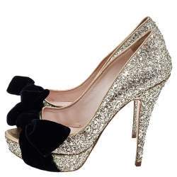 Miu Miu Metallic Gold Glitter Leather And Velvet Bow Peep Toe Pumps Size 38
