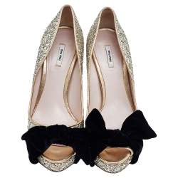 Miu Miu Metallic Gold Glitter Leather And Velvet Bow Peep Toe Pumps Size 38