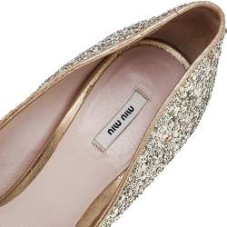 Miu Miu Metallic Gold Glitter Leather And Velvet Bow Peep Toe Pumps Size 38