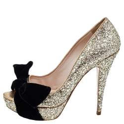Miu Miu Metallic Gold Glitter Leather And Velvet Bow Peep Toe Pumps Size 38