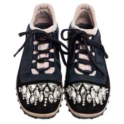 Miu Miu Multicolor Fabric and Suede Jeweled Toe Sneakers Size 37