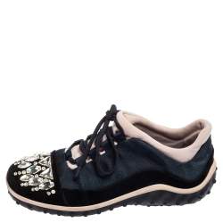 Miu Miu Multicolor Fabric and Suede Jeweled Toe Sneakers Size 37