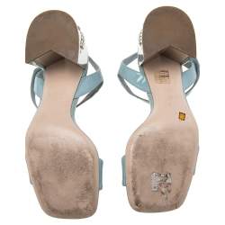 Pre Owned صندل ميو ميو جلد  أزرق فاتح لامع بكعب مزبن بالكريستال وحزام كاحل بمقاس 38