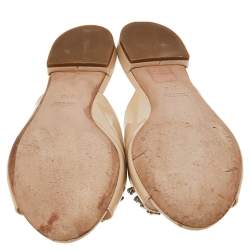 مملوكة مسبقًا Miu Miu Beige Patent Leather Crystal Embellished Slide Sandals Size 37.5