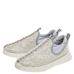 Miu Miu Cream/Grey Fabric And Glitter Embellished Low Top Sneakers Size 37.5