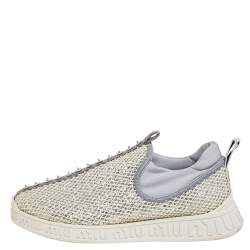 Miu Miu Cream/Grey Fabric And Glitter Embellished Low Top Sneakers Size 37.5