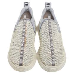 Miu Miu Cream/Grey Fabric And Glitter Embellished Low Top Sneakers Size 37.5