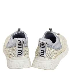 Miu Miu Cream/Grey Fabric And Glitter Embellished Low Top Sneakers Size 37.5