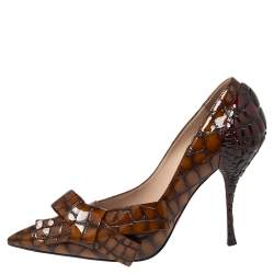 مملوكة مسبقًا Miu Miu Brown-Burgundy Croc Embossed Patent Leather Bow Detail Pointed Toe Pumps Size 39