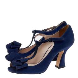Miu Miu Blue Suede Bow T-Strap Ankle Strap Sandals Size 37.5