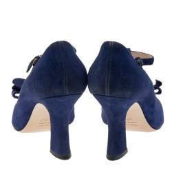 Miu Miu Blue Suede Bow T-Strap Ankle Strap Sandals Size 37.5