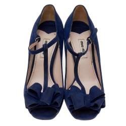 Miu Miu Blue Suede Bow T-Strap Ankle Strap Sandals Size 37.5