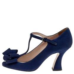 Miu Miu Blue Suede Bow T-Strap Ankle Strap Sandals Size 37.5