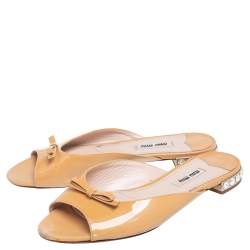 Miu Miu Beige Patent Leather Bow Detail Jeweled Heel Sandals Size 36.5 