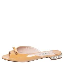 Miu Miu Beige Patent Leather Bow Detail Jeweled Heel Sandals Size 36.5 