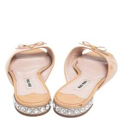 Miu Miu Beige Patent Leather Bow Detail Jeweled Heel Sandals Size 36.5 