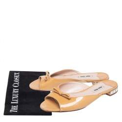 Miu Miu Beige Patent Leather Bow Detail Jeweled Heel Sandals Size 36.5 