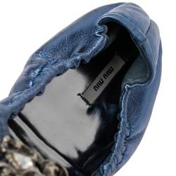 Pre Owned Miu Miu Blue Leather Crystal Embellished Open Toe Scrunch Ballet Flats Size 41