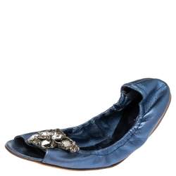 Pre Owned Miu Miu Blue Leather Crystal Embellished Open Toe Scrunch Ballet Flats Size 41