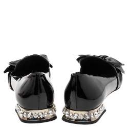 Pre Owned Miu Miu Black Patent Leather Crystal Embellished Heel Bow Slip On Loafers Size 41