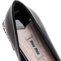 Pre Owned Miu Miu Black Patent Leather Crystal Embellished Heel Bow Slip On Loafers Size 41