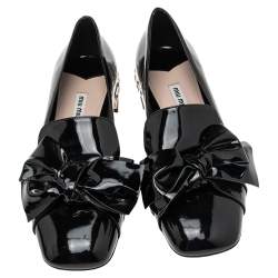Pre Owned Miu Miu Black Patent Leather Crystal Embellished Heel Bow Slip On Loafers Size 41