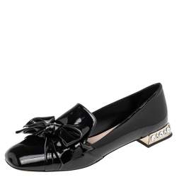 Pre Owned Miu Miu Black Patent Leather Crystal Embellished Heel Bow Slip On Loafers Size 41