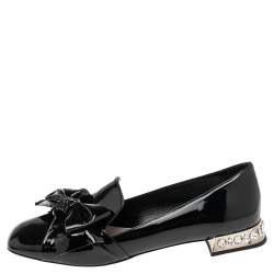 Pre Owned Miu Miu Black Patent Leather Crystal Embellished Heel Bow Slip On Loafers Size 41