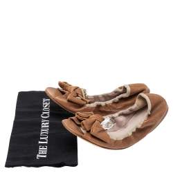 Miu Miu Brown Leather Scrunch Bow Open Toe Ballet Flats Size 40.5
