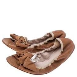 Miu Miu Brown Leather Scrunch Bow Open Toe Ballet Flats Size 40.5