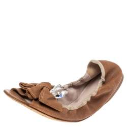 Miu Miu Brown Leather Scrunch Bow Open Toe Ballet Flats Size 40.5