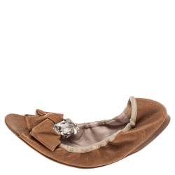 Miu Miu Brown Leather Scrunch Bow Open Toe Ballet Flats Size 40.5