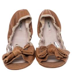 Miu Miu Brown Leather Scrunch Bow Open Toe Ballet Flats Size 40.5