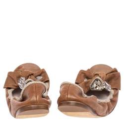 Miu Miu Brown Leather Scrunch Bow Open Toe Ballet Flats Size 40.5