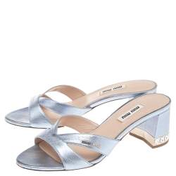 Pre Owned Miu Miu Metallic Lilac Leather Crystal Heel Slides Size 36