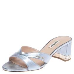 Pre Owned Miu Miu Metallic Lilac Leather Crystal Heel Slides Size 36