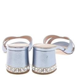 Pre Owned Miu Miu Metallic Lilac Leather Crystal Heel Slides Size 36