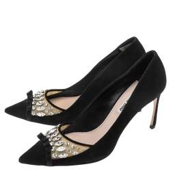 مملوكة مسبقًا Miu Miu Black Suede Crystal Embellished Pointed Toe Pumps Size 37