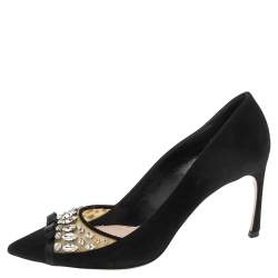 مملوكة مسبقًا Miu Miu Black Suede Crystal Embellished Pointed Toe Pumps Size 37