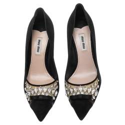 مملوكة مسبقًا Miu Miu Black Suede Crystal Embellished Pointed Toe Pumps Size 37