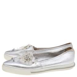 Miu Miu Metallic Silver Leather Embellished Pointed Toe Slip On Sneakers Size 40