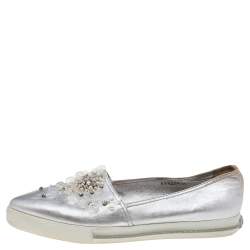 Miu Miu Metallic Silver Leather Embellished Pointed Toe Slip On Sneakers Size 40