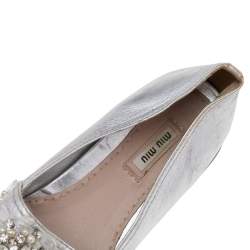 Miu Miu Metallic Silver Leather Embellished Pointed Toe Slip On Sneakers Size 40