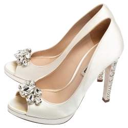 Miu Miu White Satin Crystal Embellished Heel Peep-Toe Platform Pumps Size 37